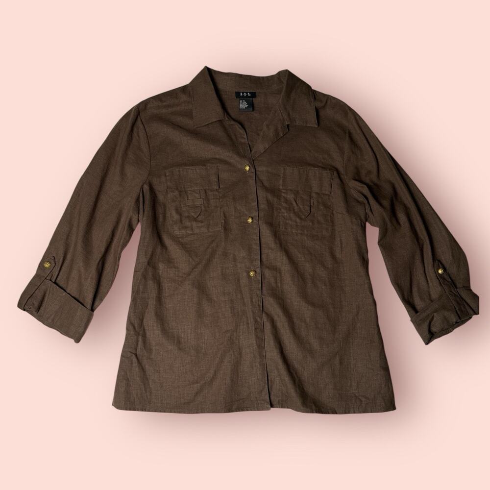 Vtg Womens Plus Size 18 Linen Shirt Blouse Top Button Long Sleeve Casual Brown